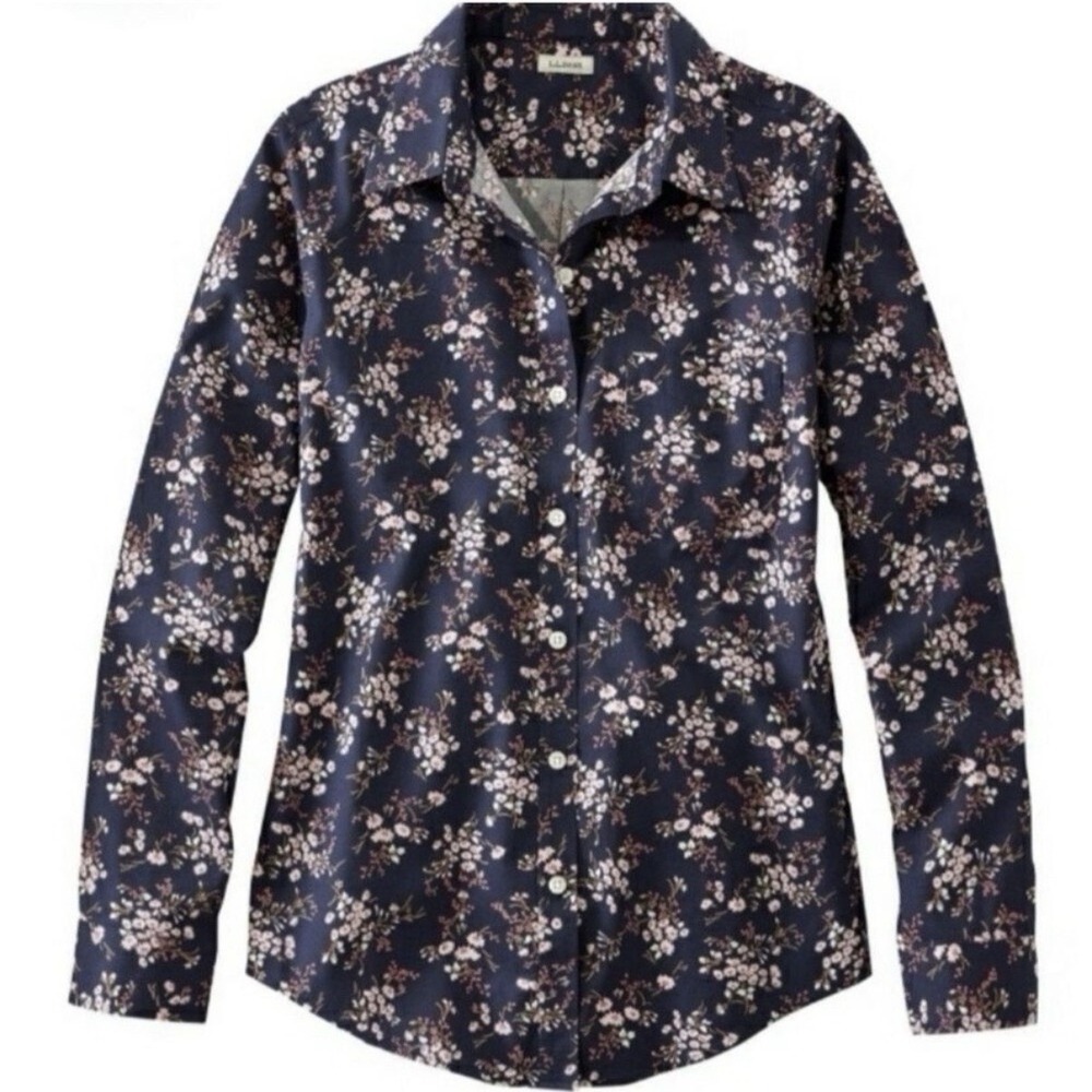 LL Bean Blue Floral Wrinkle Free Pinpoint Oxford Long Sleeve Button Shirt XS